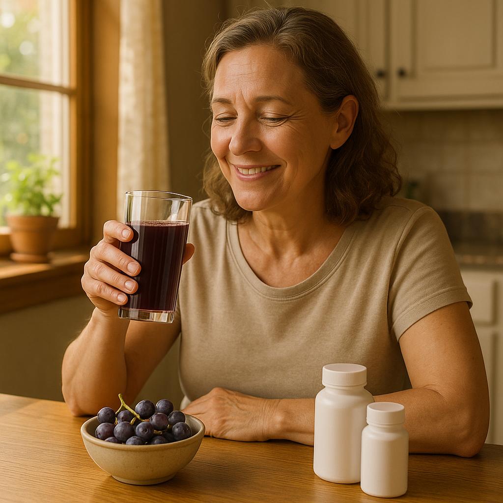 Photorealistic image of a woman at a kitchen table with wild grape juice, fresh grapes, and supplements, contemplating natural options for wellness.