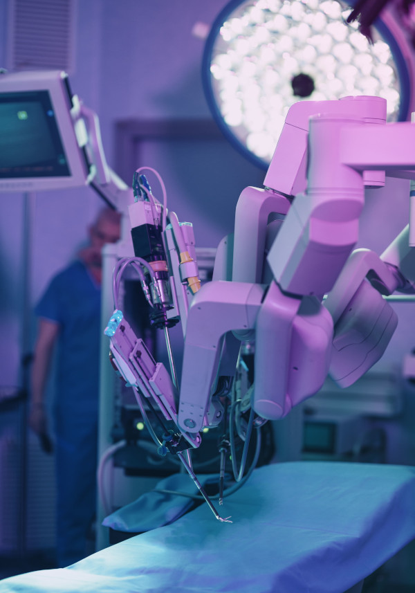 Closeup of robotic arms and tooling of the DaVinci robotic surgery machine