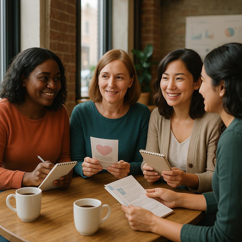 Photorealistic scene of diverse women supporting each other in a café, referencing health statistics and shared experiences.
