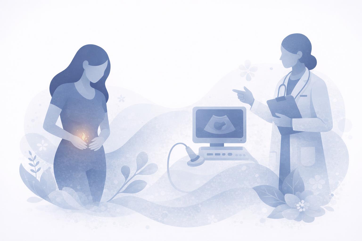 An illustration of a female standing next to a female doctor with an ultrasound machine between them.