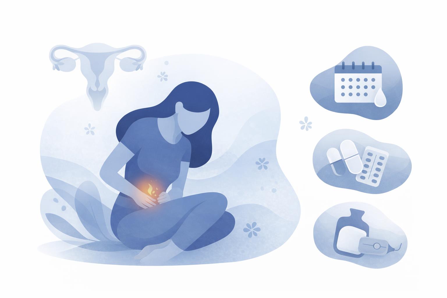 An illustration of a female sitting down, hunched over in discomfort.