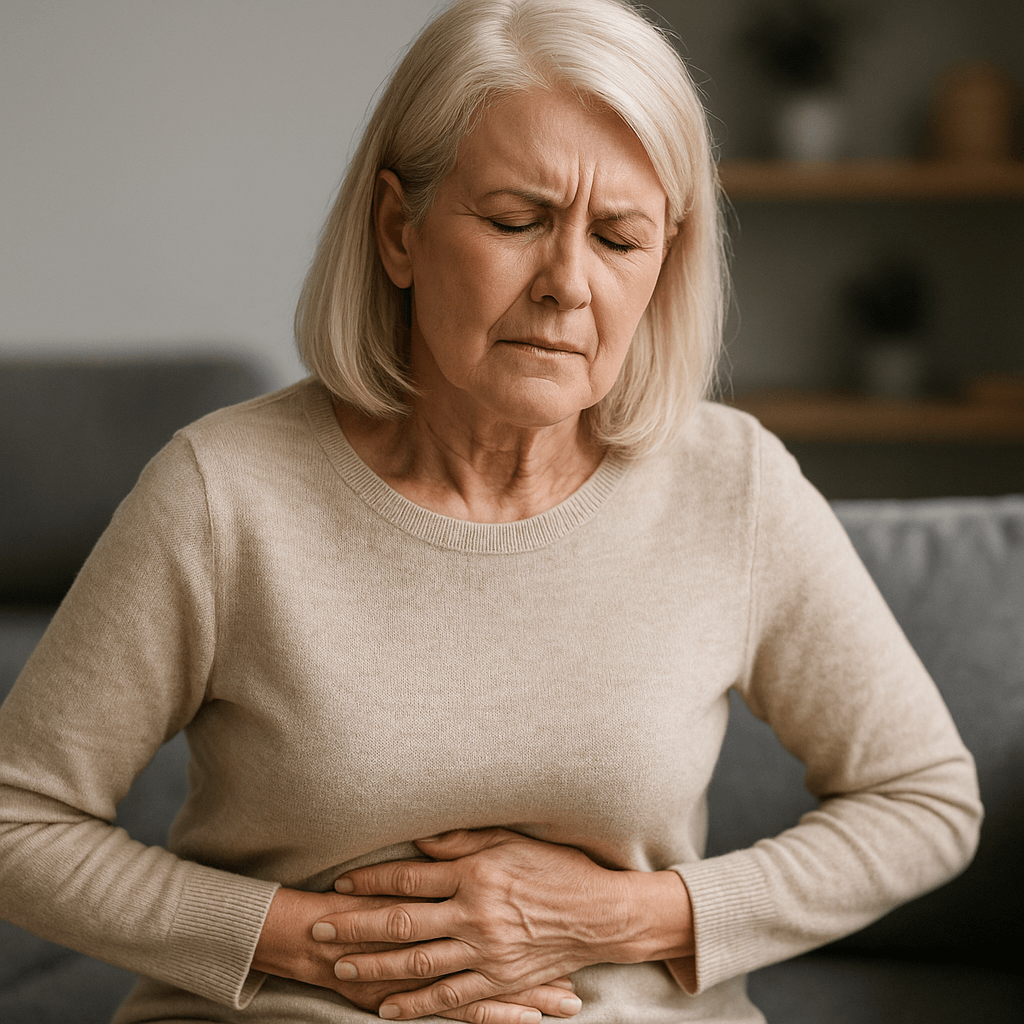 A postmenopausal woman clutching her lower abdomen in pain from endometriosis .