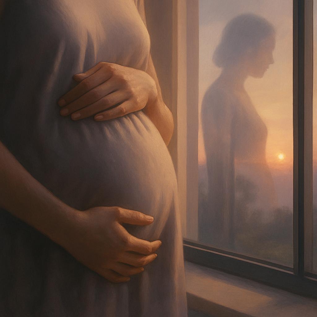 Photorealistic close-up of a woman’s hands cradling her belly, her reflection in a window, with a sunrise outside suggesting hope and careful health monitoring.