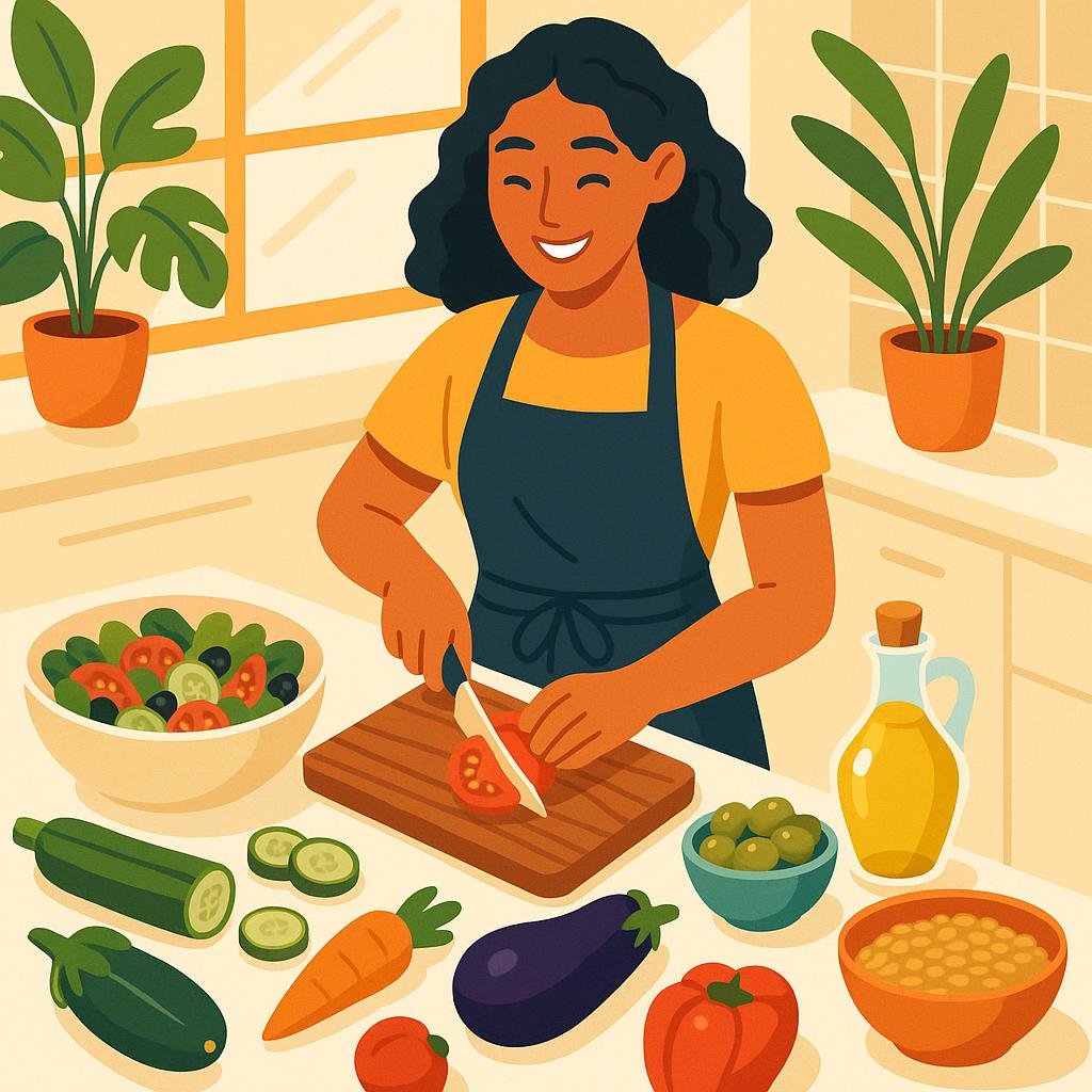 Vector illustration of a woman preparing a Mediterranean meal in a bright kitchen, surrounded by colorful vegetables and grains, promoting healthy eating for endometriosis.