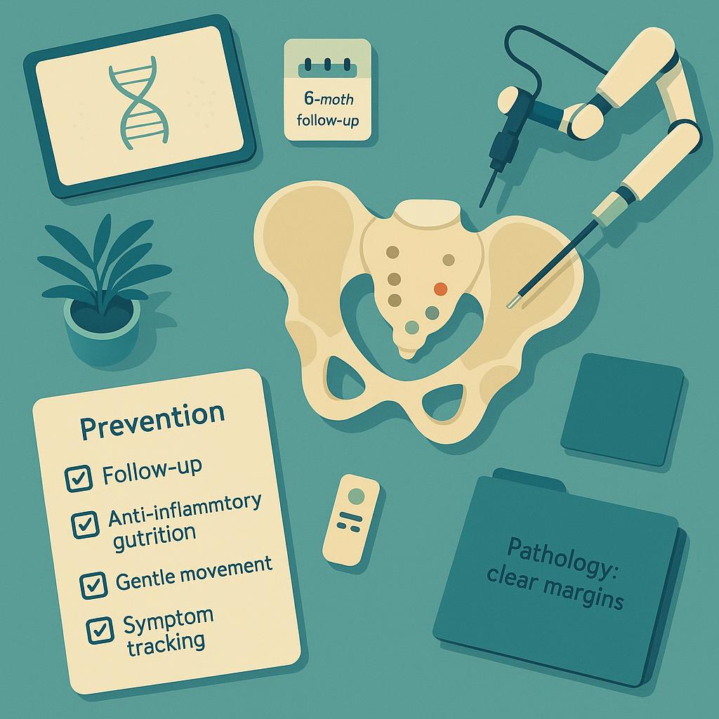 Top-down vector scene of a surgical planning desk with a pelvic model, a robotic instrument, and a prevention checklist linking biology and environmental factors.
