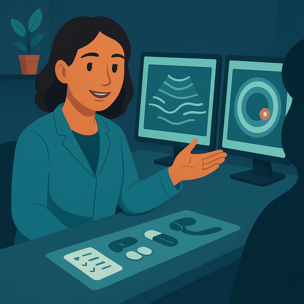 A female radiologist points to a small highlighted spot on side-by-side ultrasound and MRI panels in a modern reading room, with simple icon chips indicating report, imaging, and treatment options.