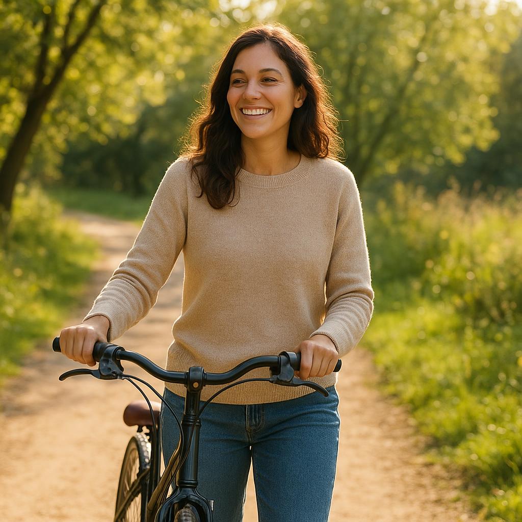 A woman smiling while enjoying a bike ride in nature, pain free after a successful endometriosis excision surgery