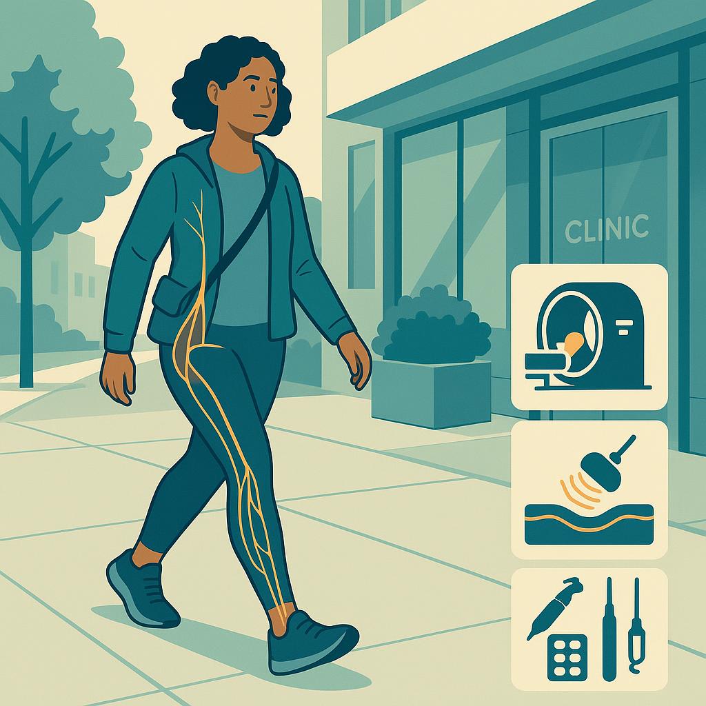 Three-quarter view of a woman mid-step on a city sidewalk near a clinic, with a subtle amber overlay tracing the sciatic nerve down one leg and a side panel of MRI, ultrasound, and laparoscopic treatment icons.