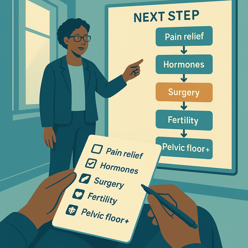 Point‑of‑view inside a calm clinic as a clinician gestures to a color‑coded endometriosis care guideline flowchart, while a patient holds a simple checklist in the foreground.