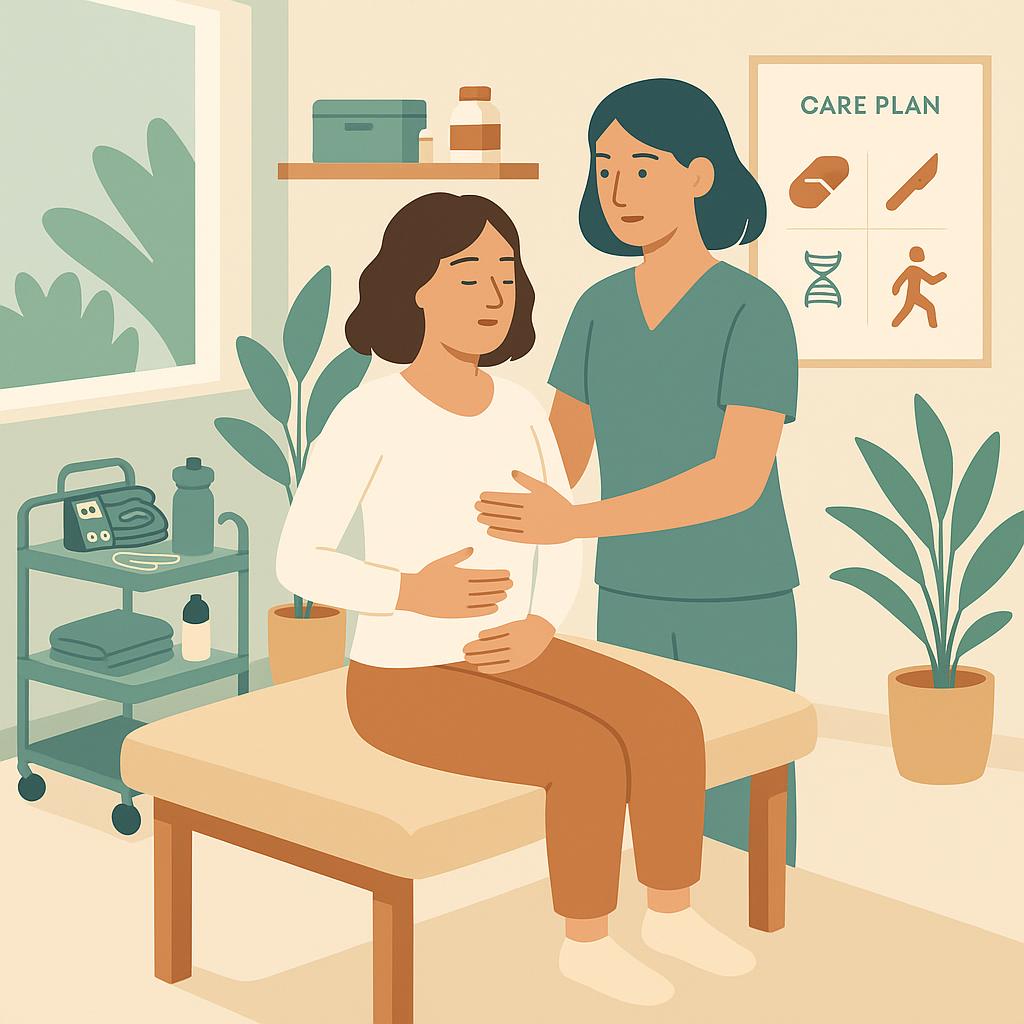 Eye-level flat illustration of an integrative pelvic health clinic where a therapist guides a patient’s breathing, with nearby tools and icons for TENS, acupuncture, supplements, surgery consult, and nutrigenomic care.