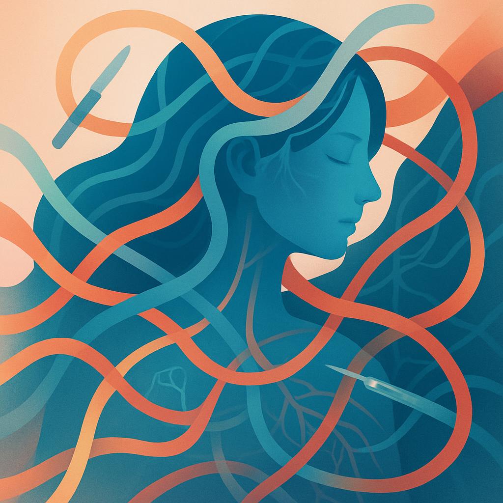 Flat vector illustration of a female silhouette interwoven with flowing, tangled ribbons symbolizing persistent pain and complexity after surgery.