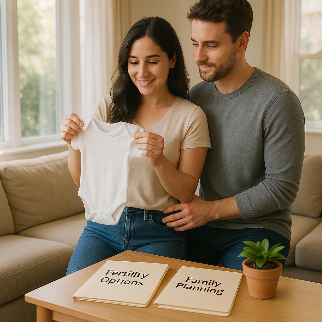 A hopeful woman in a cozy living room, holding a baby onesie and looking at fertility planning documents with her partner, sunlight streaming in.