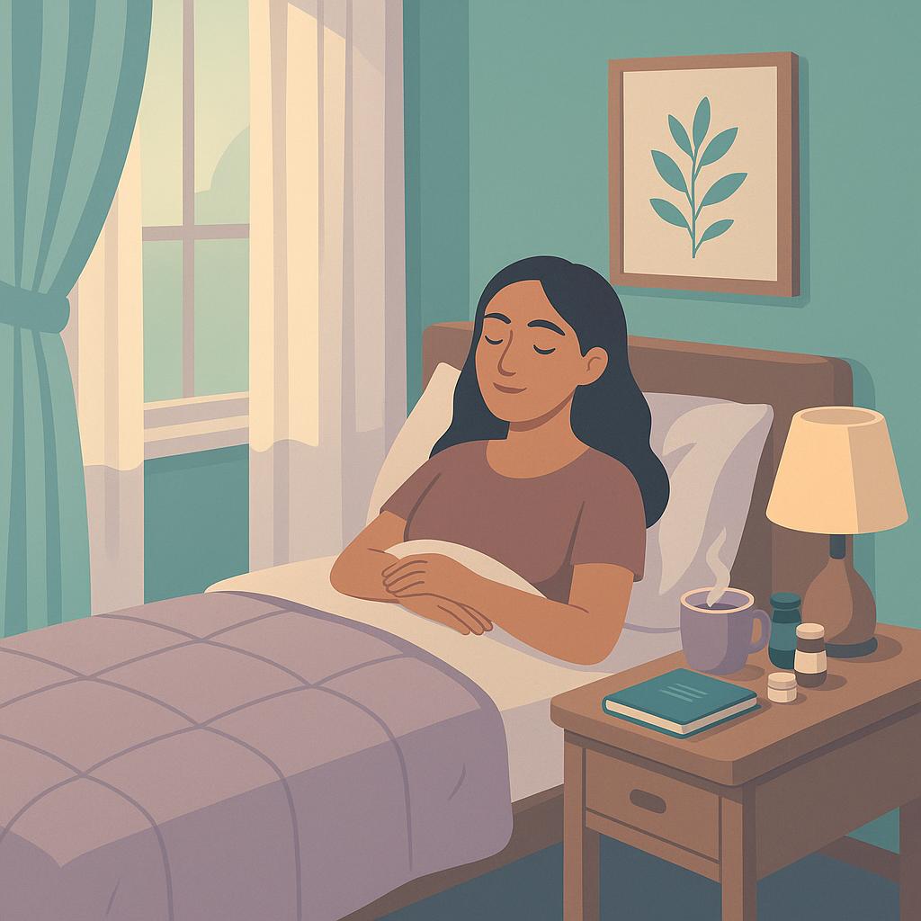 Flat vector illustration of a tranquil bedroom with a tidy bed, soft sunlight, bedside table with tea and post-surgery care items, and botanical artwork symbolizing comfort and recovery after surgery.