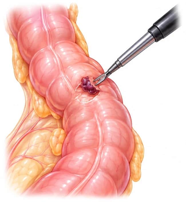 Bowel shaving: a surgical instrument peels an endometriosis nodule off the surface of the bowel, leaving the bowel wall whole.