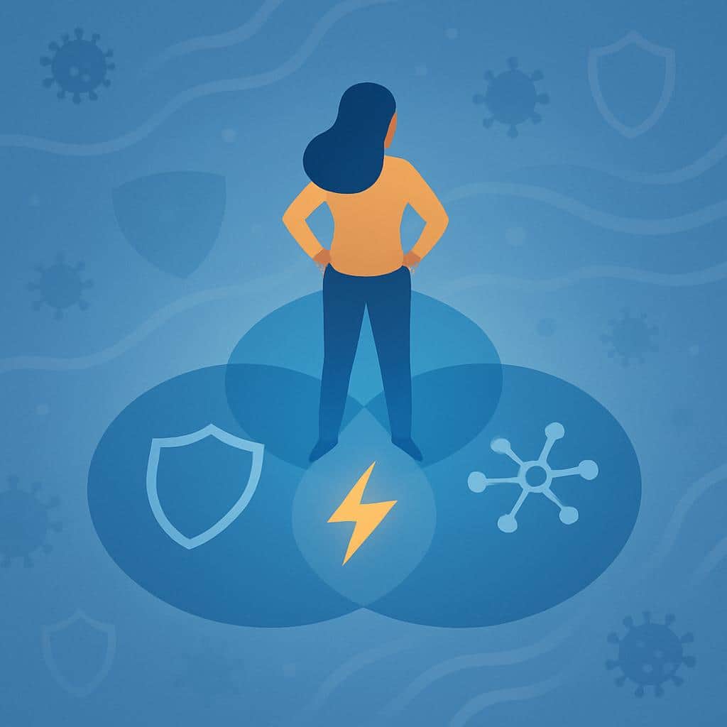 Flat vector illustration of a woman at the center intersection of overlapping circles with shield, energy, and health icons, symbolizing protection and vitality amid abstract networks.