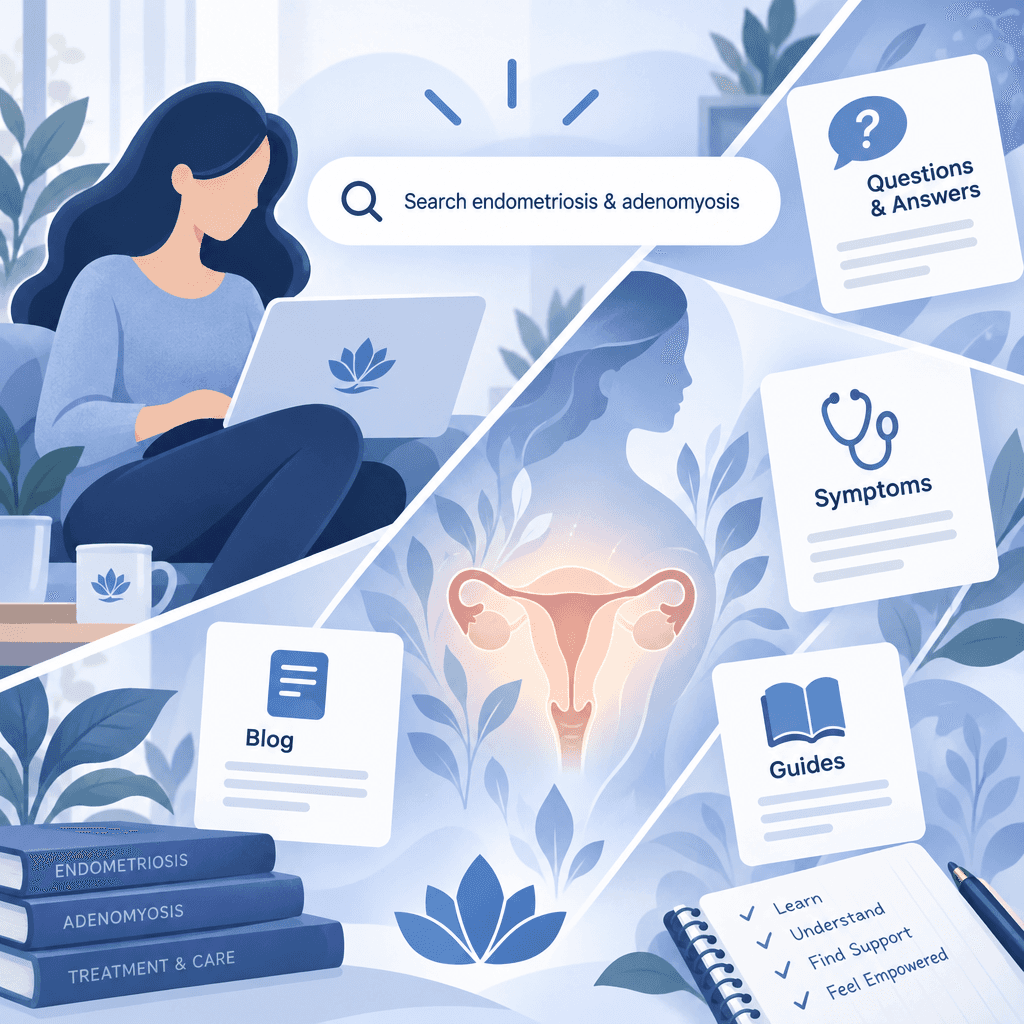 An infographic showing a women searching across different resources, questions and answers, to discover more about her possible condition.