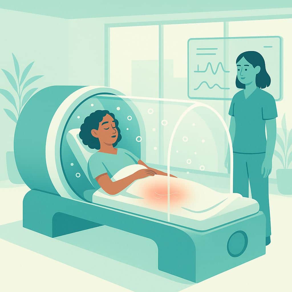 Flat vector illustration of a modern clinic showing a calm woman reclining in a transparent hyperbaric oxygen chamber, with subtle oxygen bubbles near the pelvis and a technician monitoring nearby.