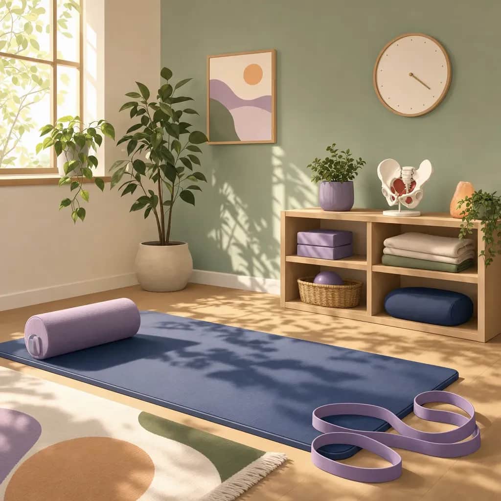 A sunlit physical therapy studio features an exercise mat, bolster, stretch band, and pelvis teaching model.