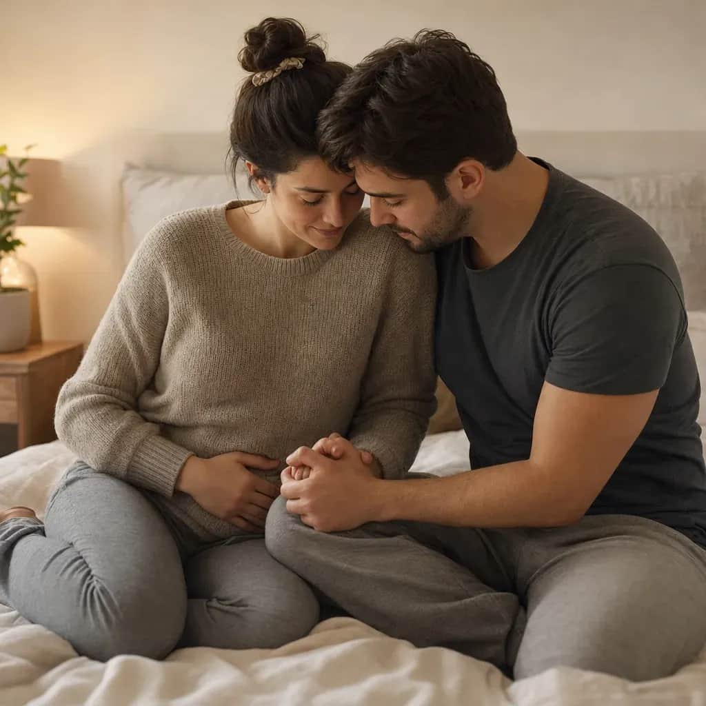 A woman rests a hand on her lower abdomen while sitting close to her partner and holding hands on a bed.