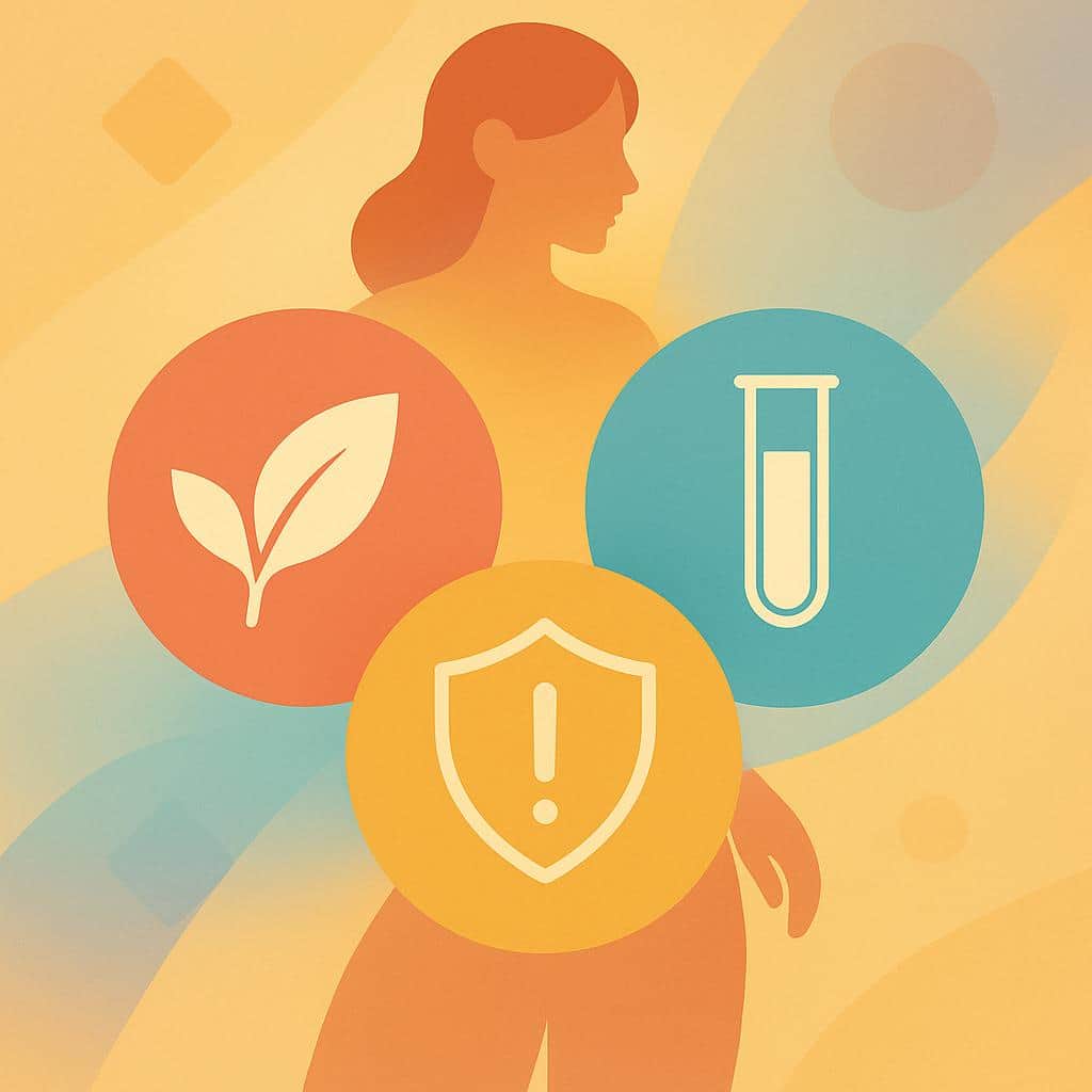 Flat vector illustration of three interconnected circles representing natural conception, IVF, and risk management options, viewed from above with an abstract feminine silhouette in the background.