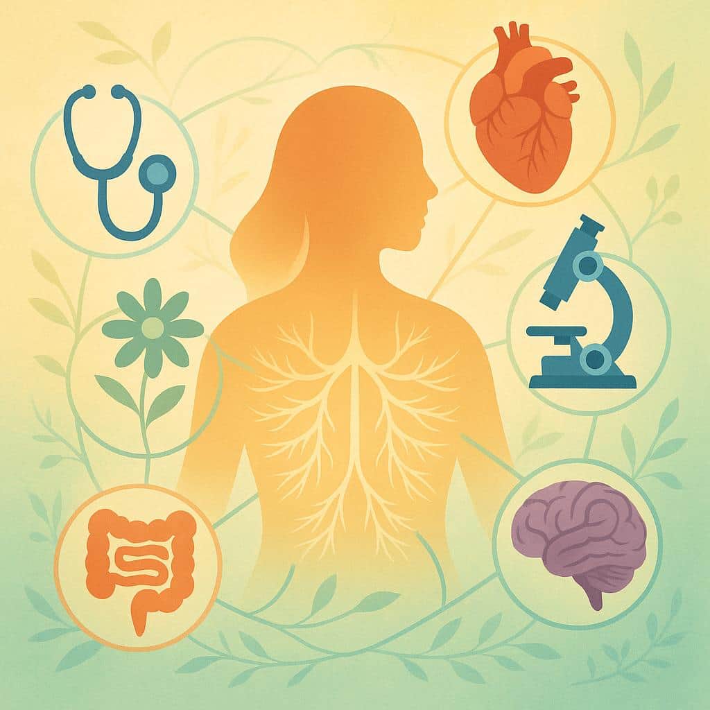 Interconnected flat vector icons representing different medical specialties radiating outward from a central circle, linked by lines and botanical motifs, symbolizing multidisciplinary care for complex endometriosis.