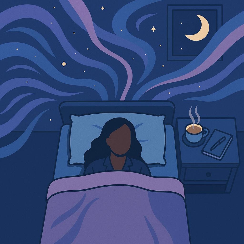 Flat vector illustration of a peaceful bedroom at twilight, glowing moon beyond the window, soothing swirling blue and lavender ribbons with tiny stars above a bed, and a nightstand with tea and notebook, symbolizing calming pre-surgery nerves.