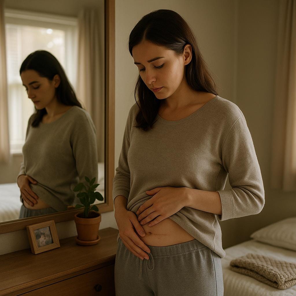 Woman gently touching her lower abdomen near a C-section scar while looking thoughtfully at her reflection in a softly lit home setting.