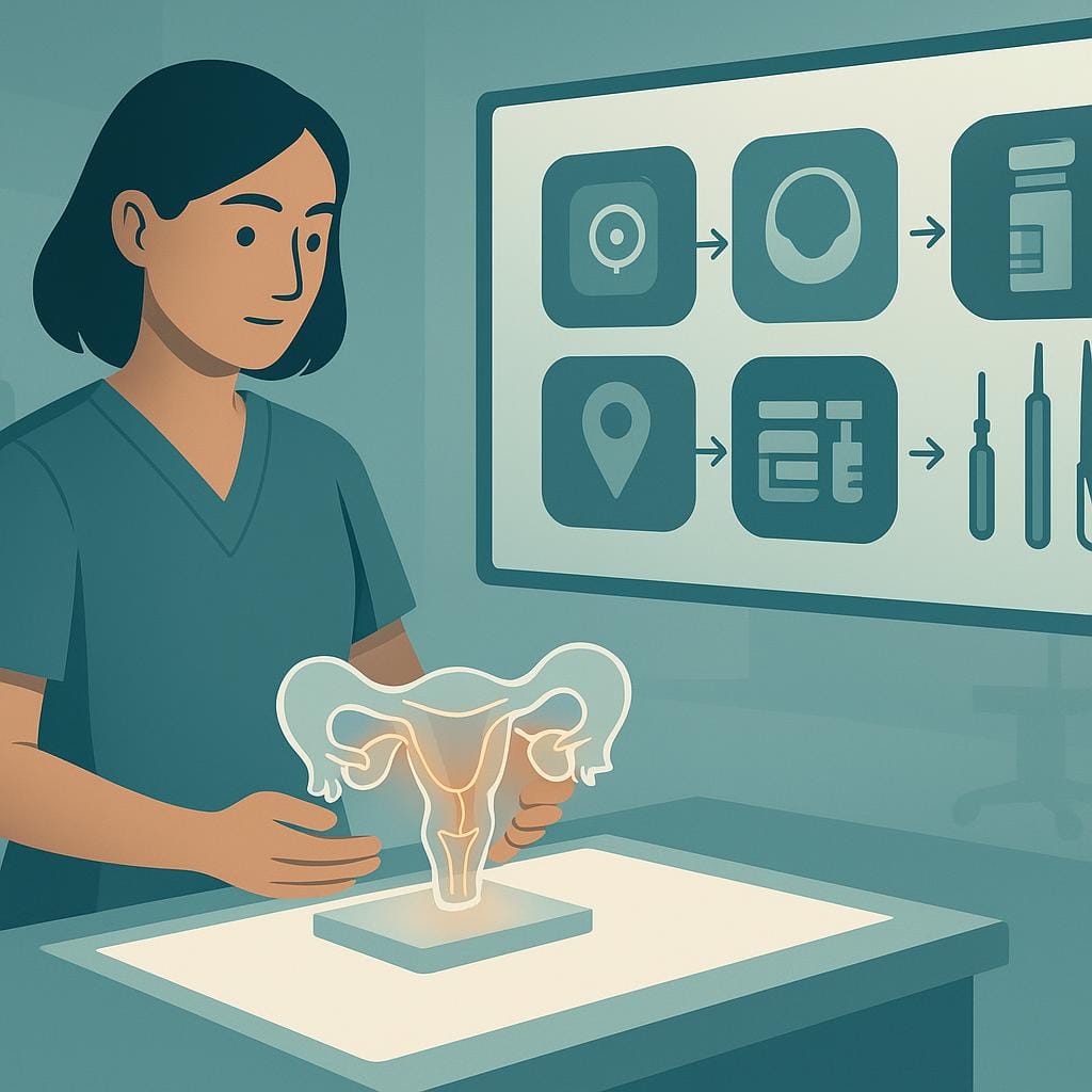 Clinician holds a translucent pelvic model with amber-mapped deep infiltrating endometriosis while a screen behind illustrates the path from symptoms and imaging to medication and advanced laparoscopic excision.