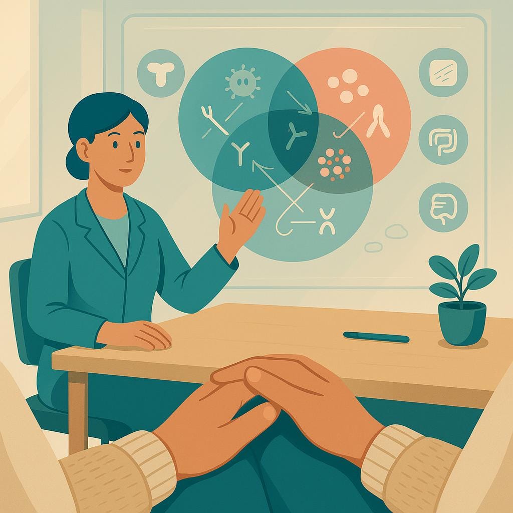 Point-of-view vector scene of a woman in a clinic as a clinician points to a Venn-style display linking immune cells with endometriosis, suggesting autoimmune comorbidity.