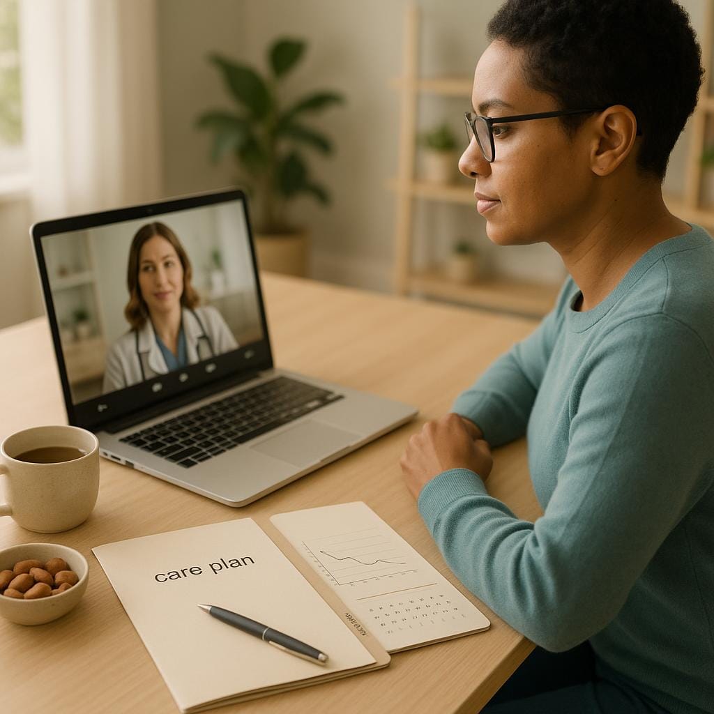 Three-quarter view of a person at home on a telehealth call with a clinician, reviewing a care plan, hormone timeline, and cycle calendar related to early menopause risk in endometriosis.