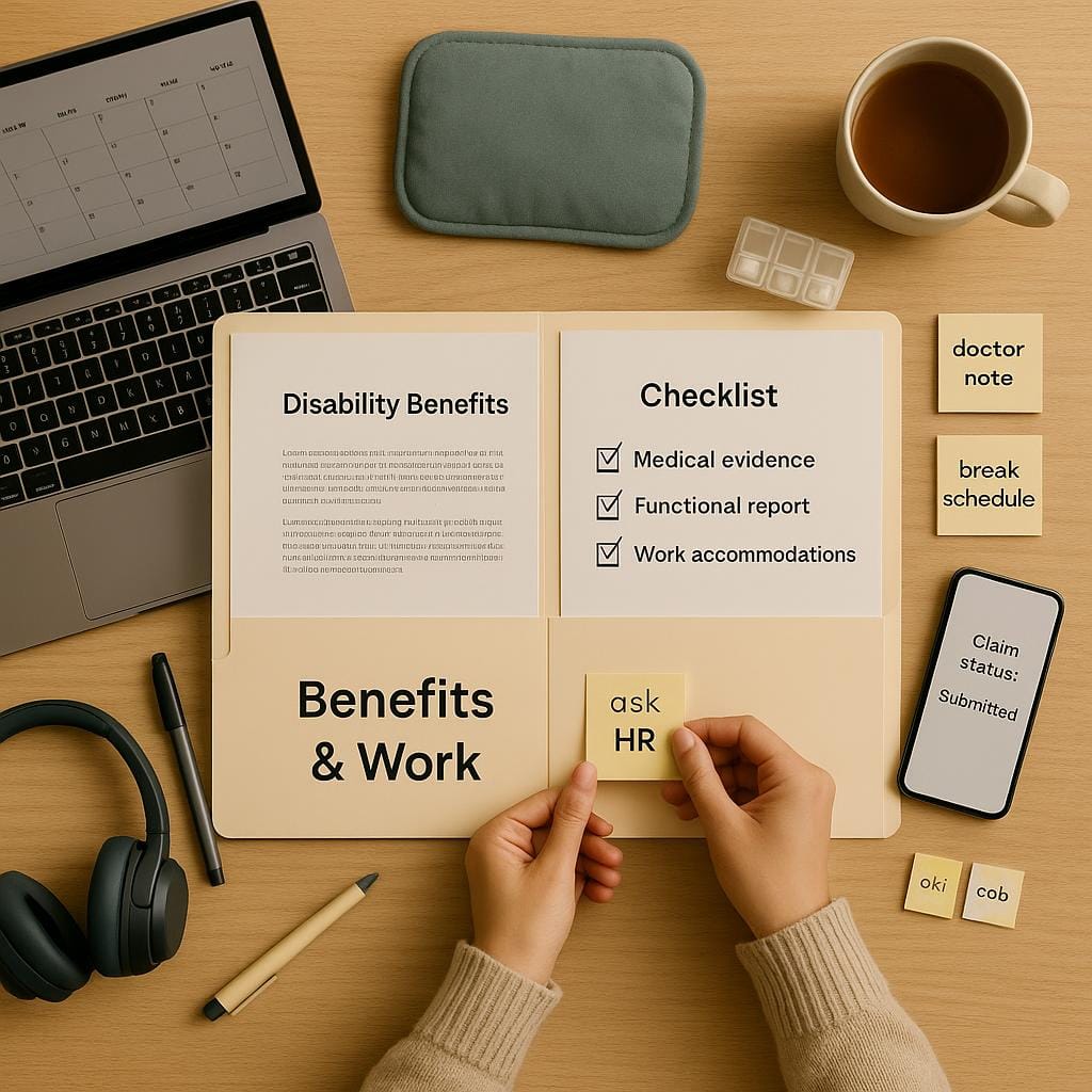 Top-down view of a tidy home desk with a ‘Disability Benefits’ folder, laptop calendar, checklist, pill organizer, and heat pad, as hands place a sticky note about work accommodations.