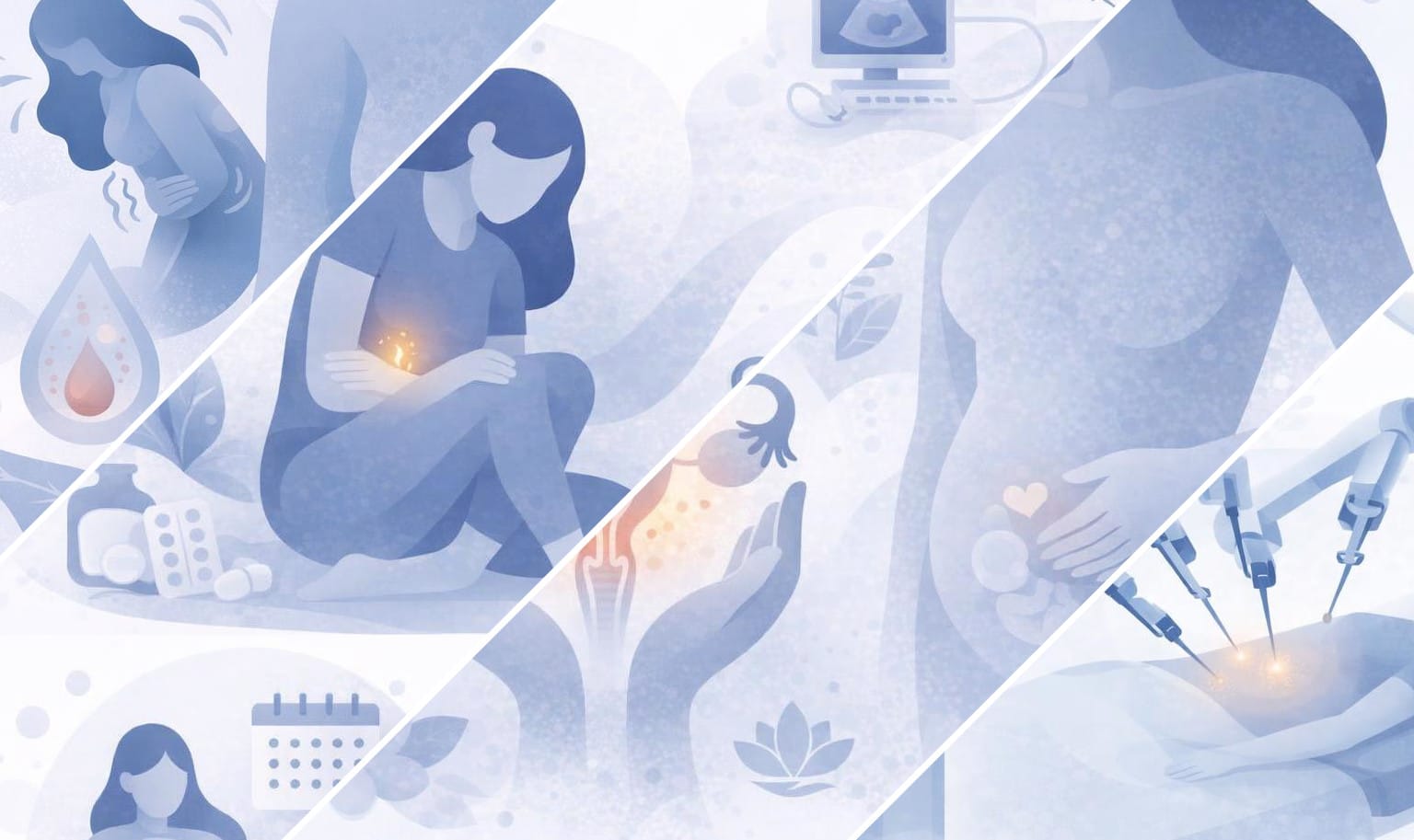 An illustrative collage of different aspects of endometriosis and adenomyosis care.