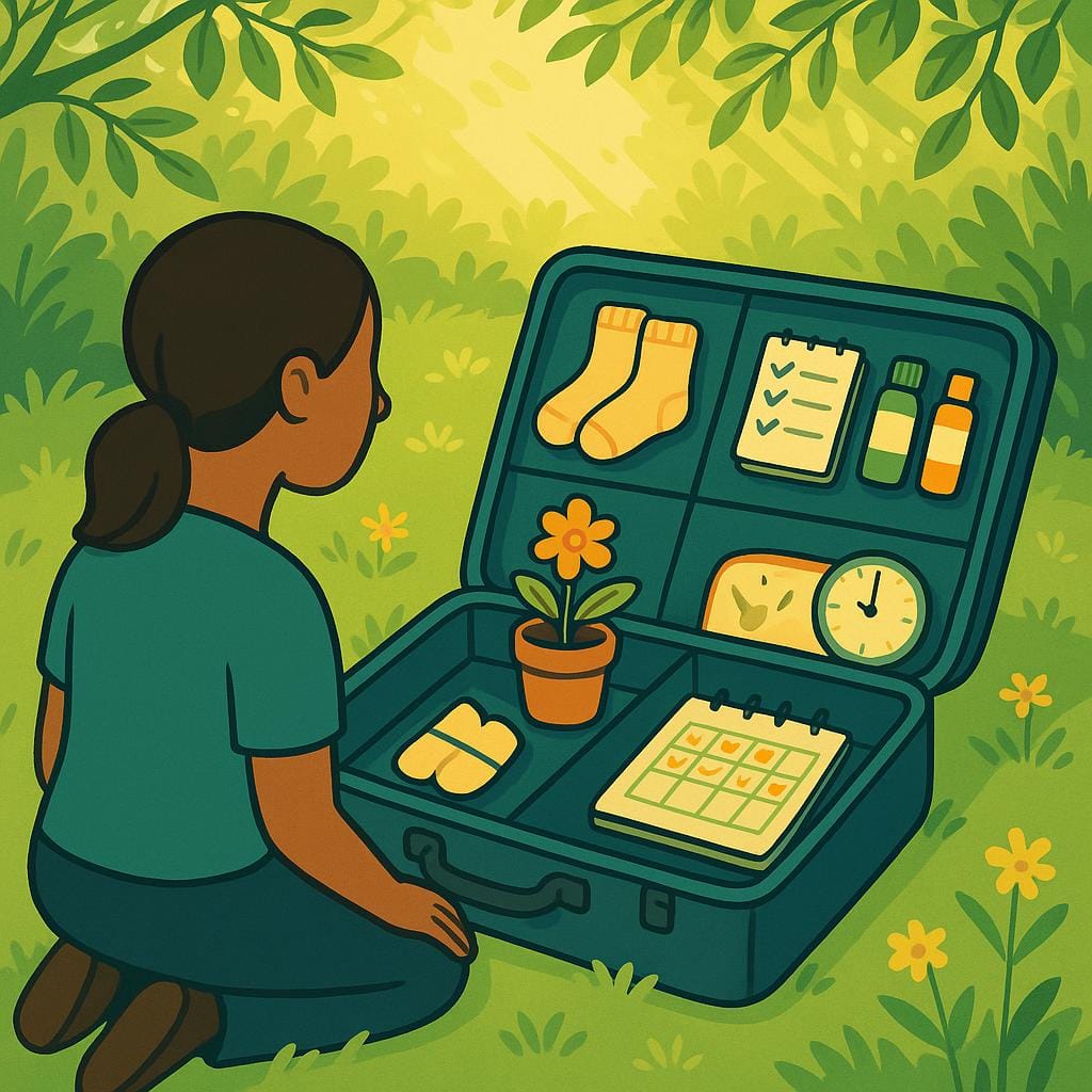 Flat vector illustration of an organized open suitcase resting on garden grass under leafy branches, containing a checklist, cozy socks, toiletries, a flower pot, and a clock, symbolizing gentle week-by-week surgical preparation.