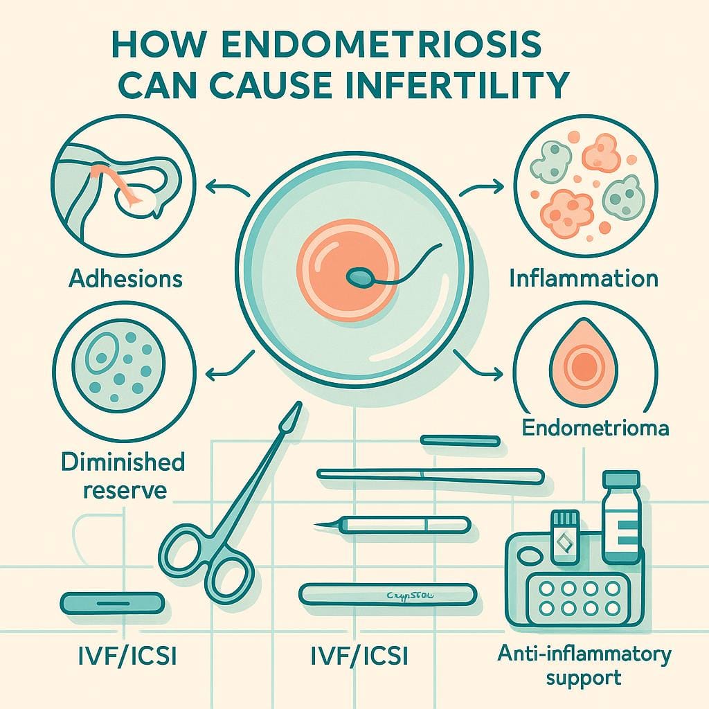 Top-down flat vector of a fertility lab bench showing endometriosis mechanisms—adhesions, inflammation, endometriomas, and reduced egg reserve—linked to treatments like excision surgery, IVF/ICSI, and hormonal suppression.