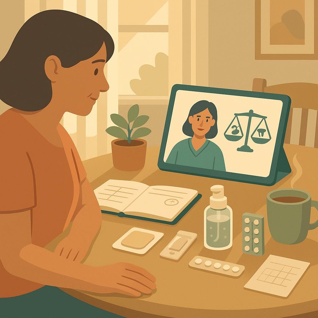 POV illustration of a midlife woman in a calm home setting on a video call with a clinician about HRT, with patch, gel, pills, and a calendar hinting at timing to convey risk–benefit balance after endometriosis.