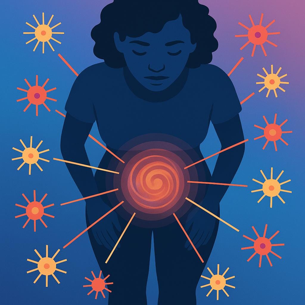 Vector illustration of a female silhouette with abstract shapes converging on the pelvis, symbolizing mast cell impact on pelvic pain.