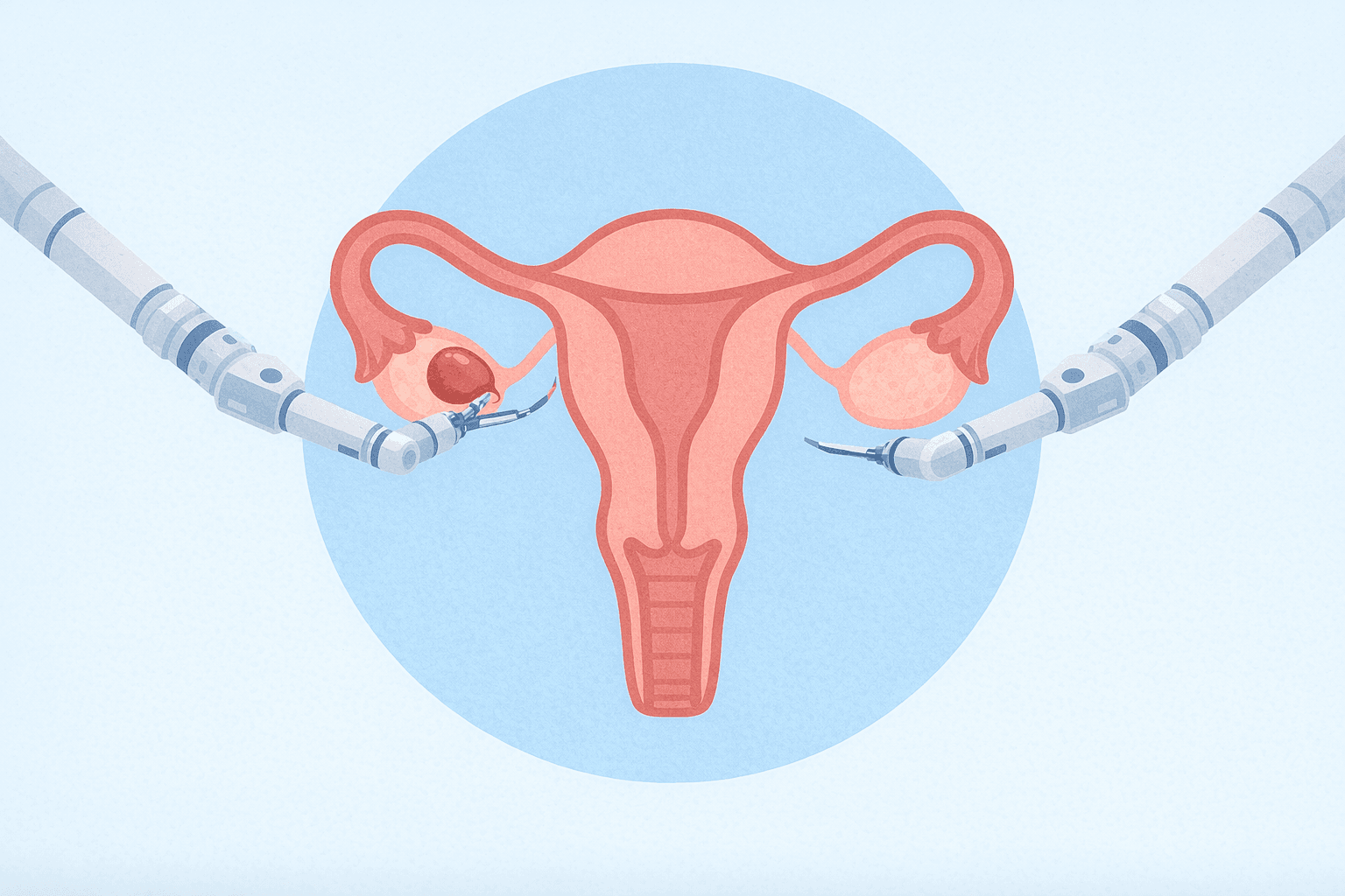 A flat illustration of a ovarian cystectomy, depicting cysts on the ovaries being removed using robotic laparoscopic tools