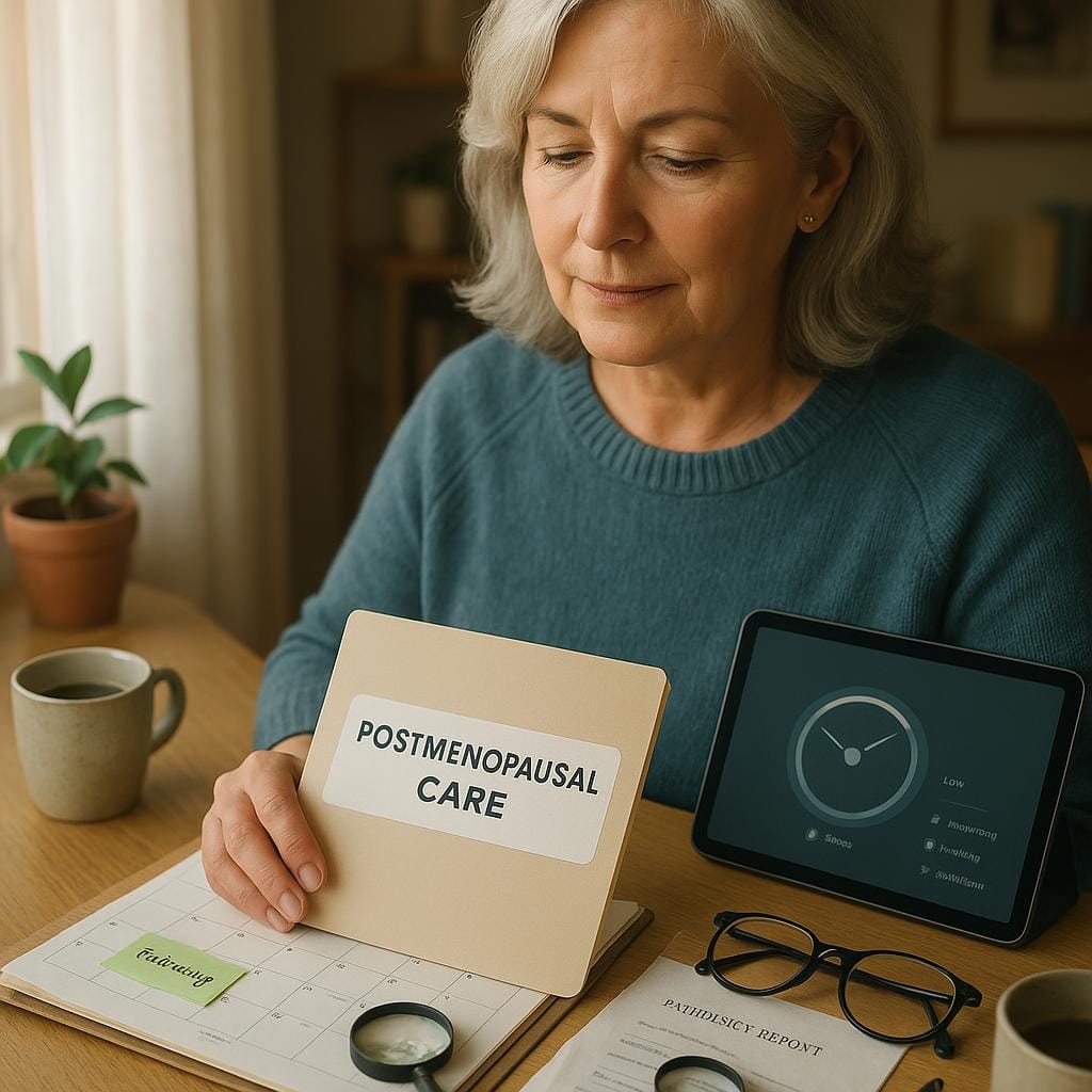 A silver‑haired woman reviews a postmenopausal care folder at a sunlit home desk with a calendar, pathology report, and a “follow‑up” note, conveying calm vigilance about the rare risk of malignant change.