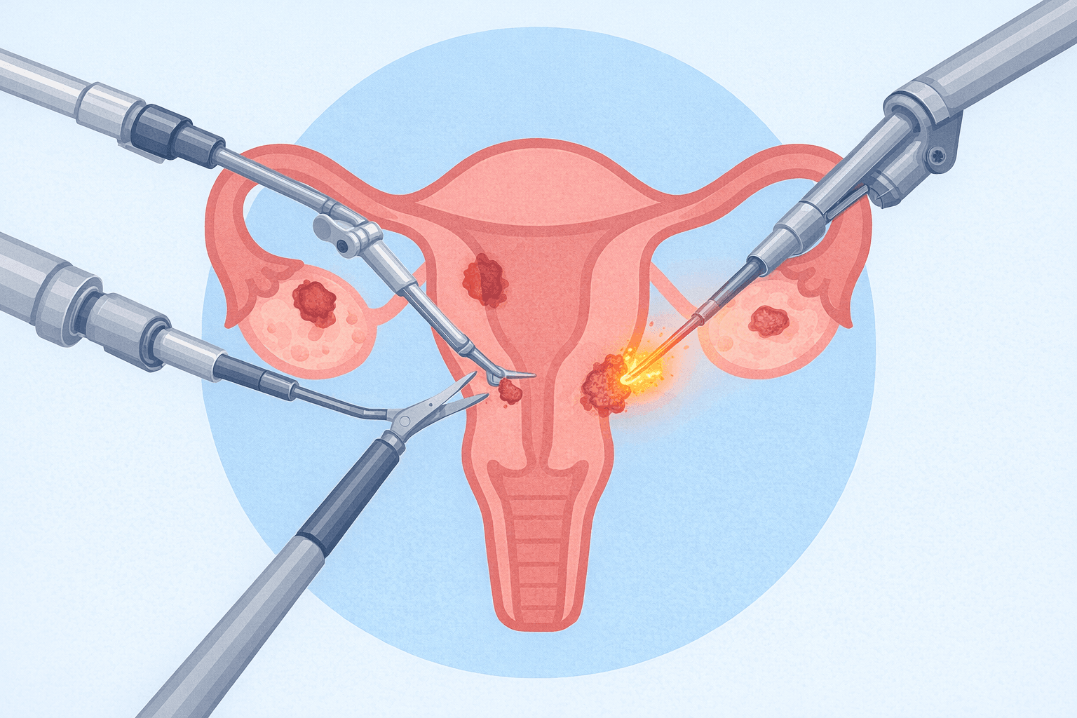A flat vector illustration of a robotically assisted endometriosis excision surgery