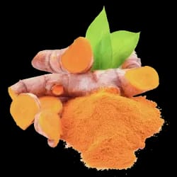 Sliced turmeric root and powder