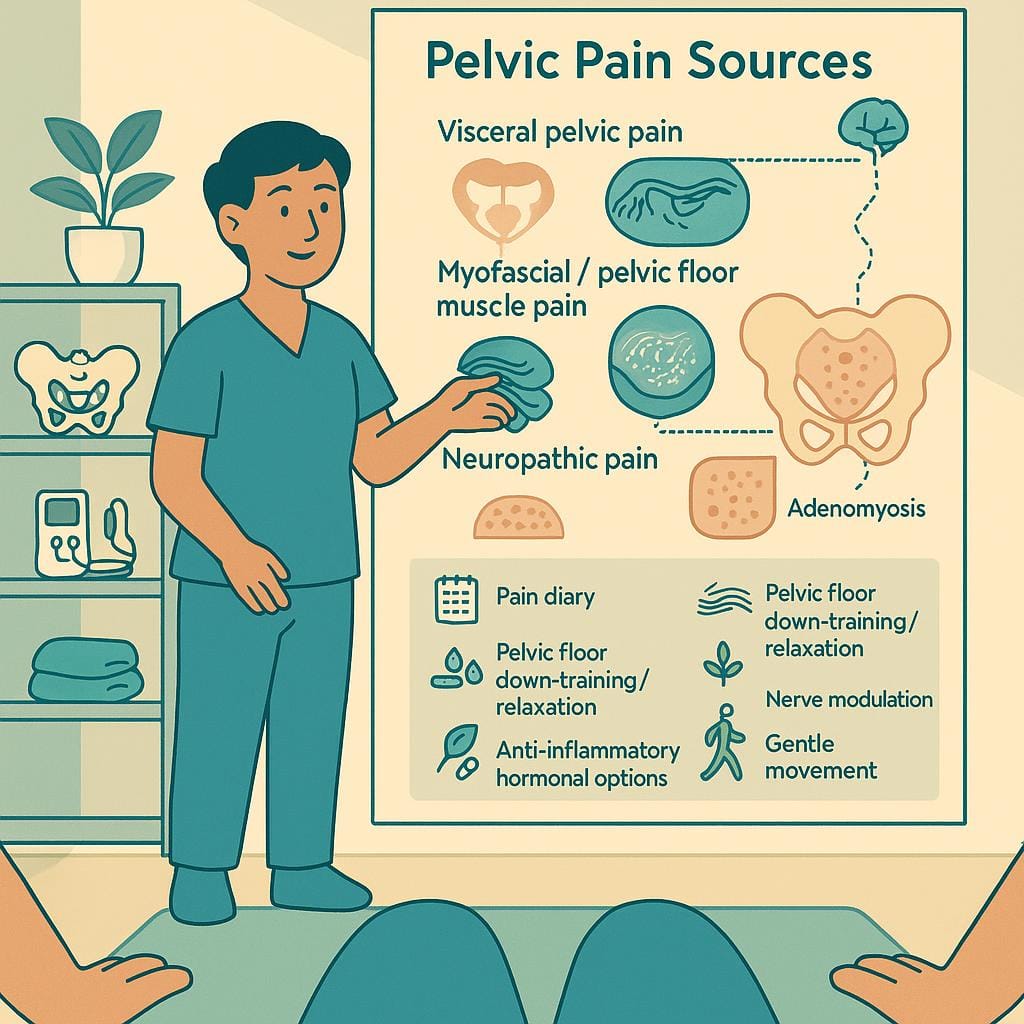 Point‑of‑view vector scene in a pelvic floor physical therapy room where a therapist explains layered pain mechanisms and CNS sensitization on a wall chart, with tools for evidence‑based relief and an inset noting adenomyosis.