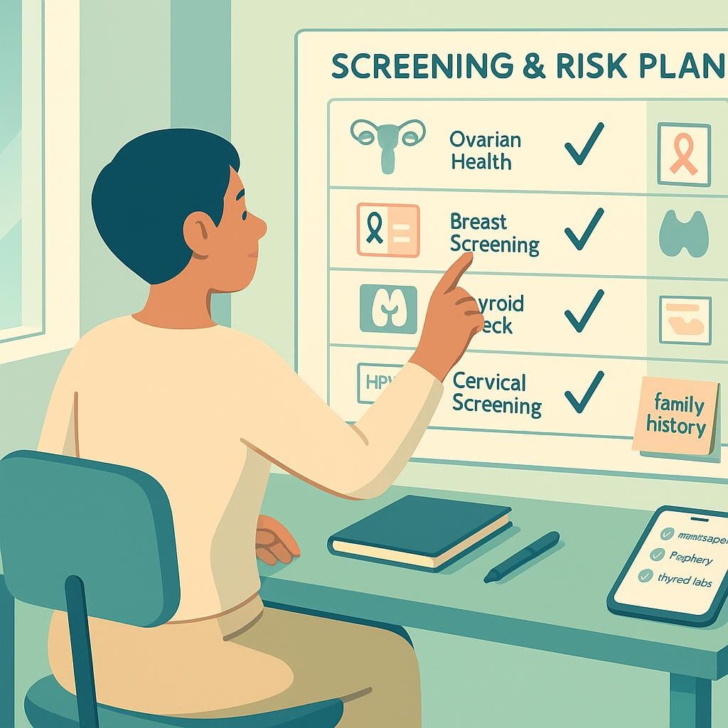Three‑quarter vector scene of a person at a home desk checking off a color‑coded screening plan with icons for ovarian, breast, thyroid, and cervical health, reflecting evidence‑based prevention steps.