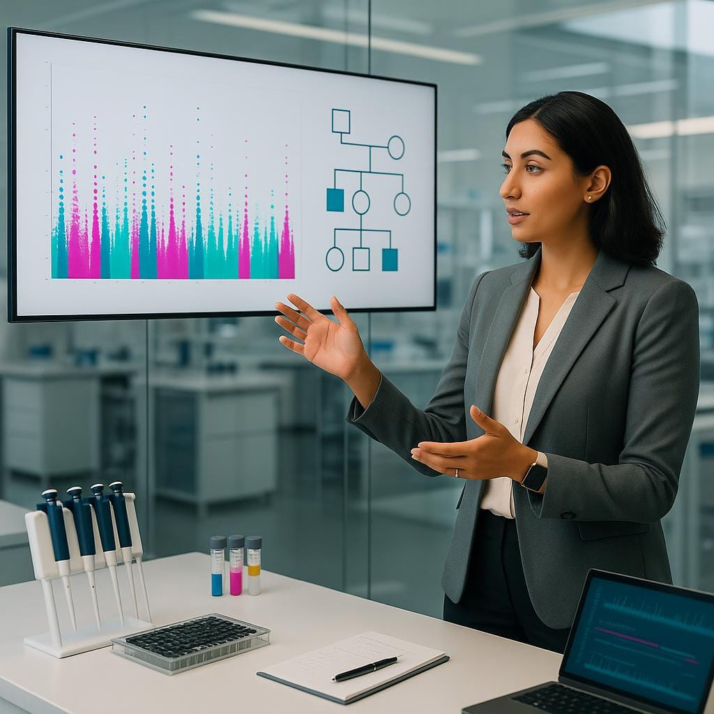 Genetic counselor in a modern lab points to a large screen showing a GWAS Manhattan plot beside a digital family pedigree chart, highlighting the genetics of endometriosis.