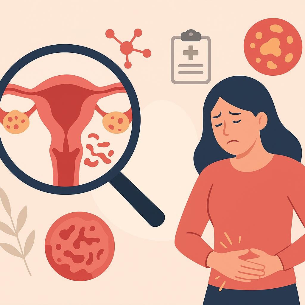 An infographic showing a woman holding her abdomen clearly in pain from endometriosis, with various medical oriented items around her in the background.