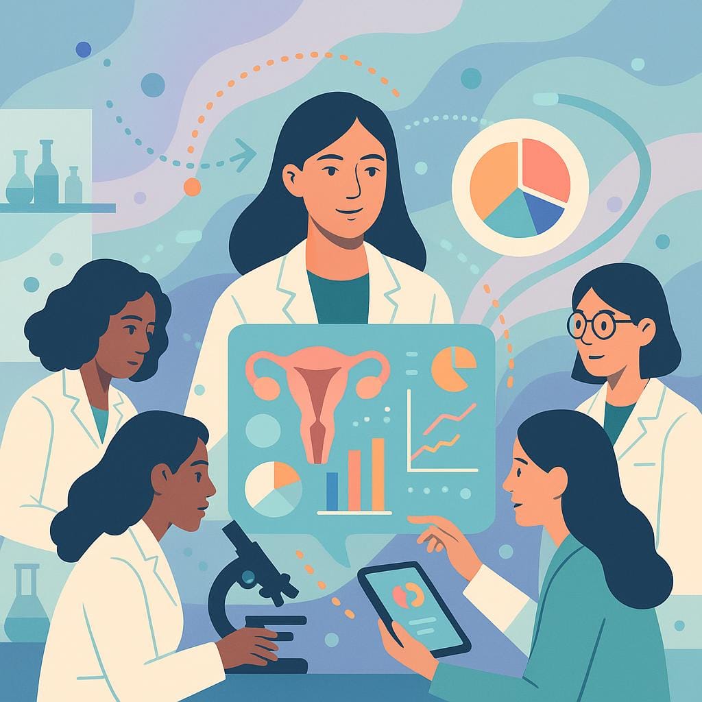 Flat vector illustration of a group of diverse female scientists examining medical research data on adenomyosis, using holographic displays with soft blue and purple tones.