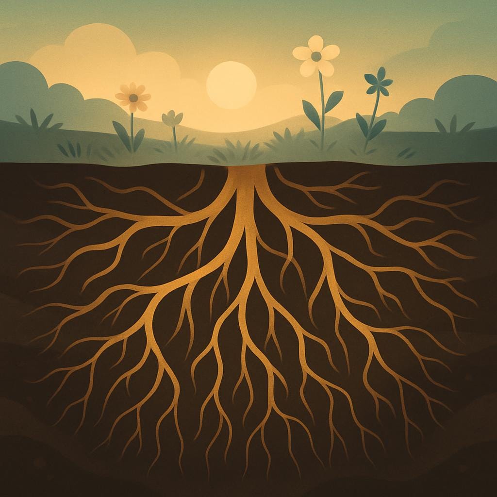 Flat vector illustration of tangled golden roots burrowing deep below a sunlit meadow, symbolizing deep infiltrating endometriosis hidden beneath the surface.