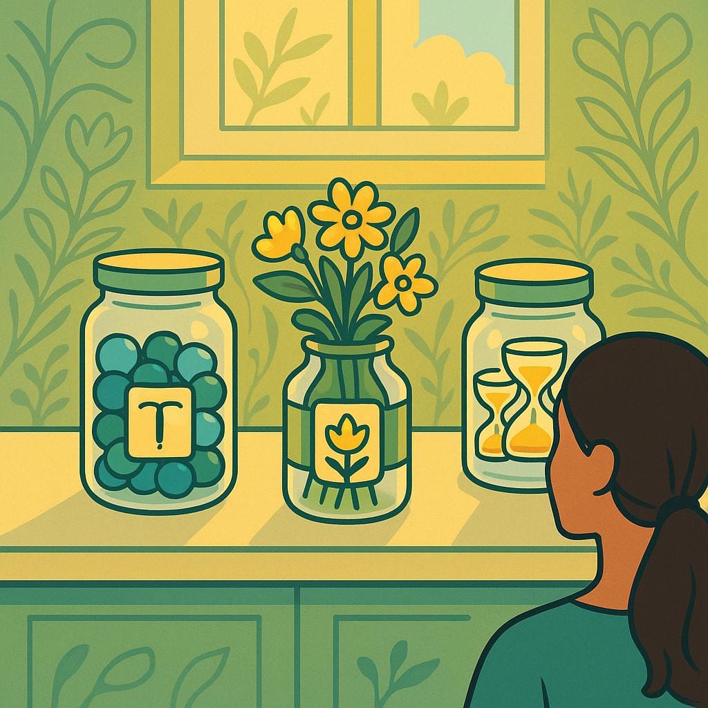 Flat vector illustration of a sunlit kitchen counter seen from point-of-view, displaying assorted glass jars containing symbolic items like marbles, flowers, and hourglasses to metaphorically represent different adenomyosis treatments.