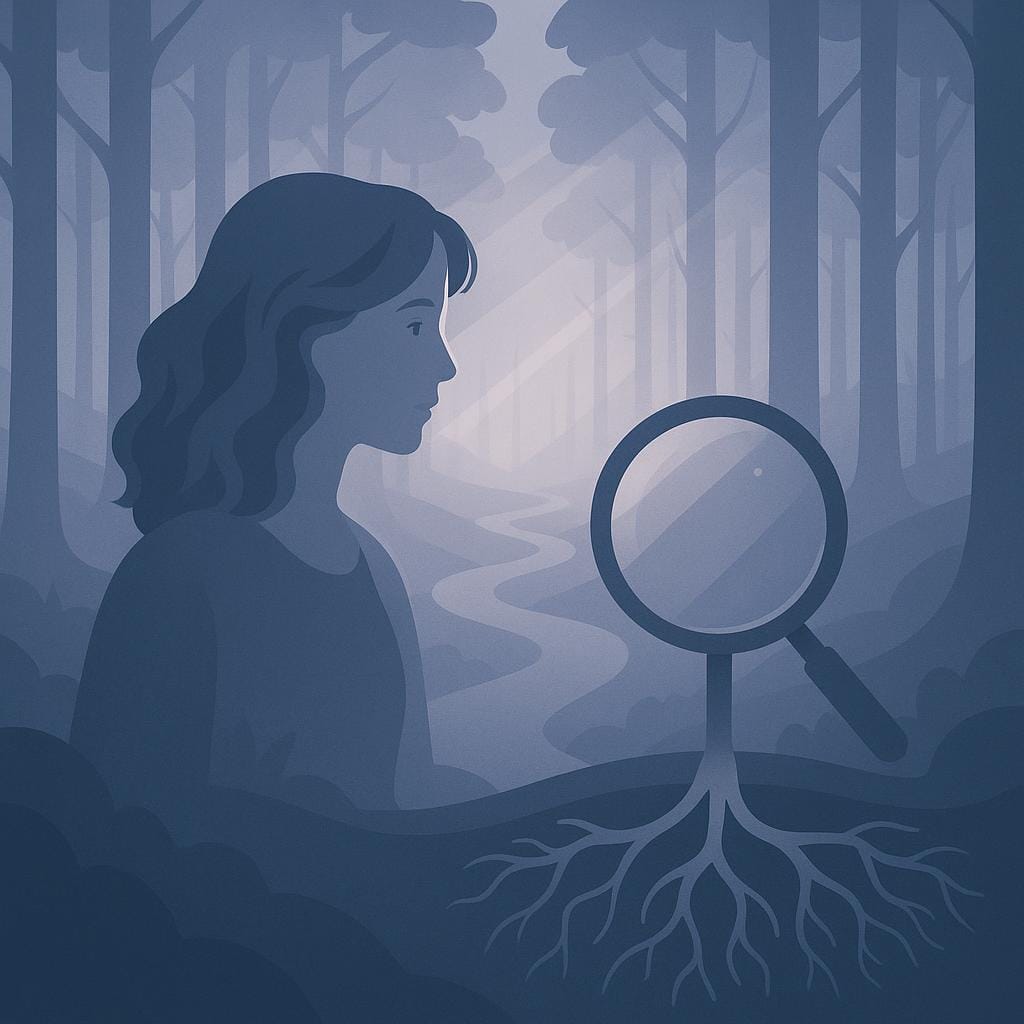 A flat vector illustration shows a misty forest with layered trees, a winding path, and a magnifying glass revealing hidden roots, symbolizing the elusive nature of adenomyosis diagnosis.