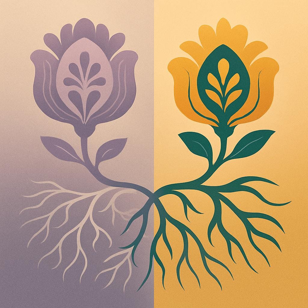 Flat vector illustration showing two stylized botanical forms with intertwined roots and differing color palettes, symbolizing both the connection and distinction between adenomyosis and endometriosis.