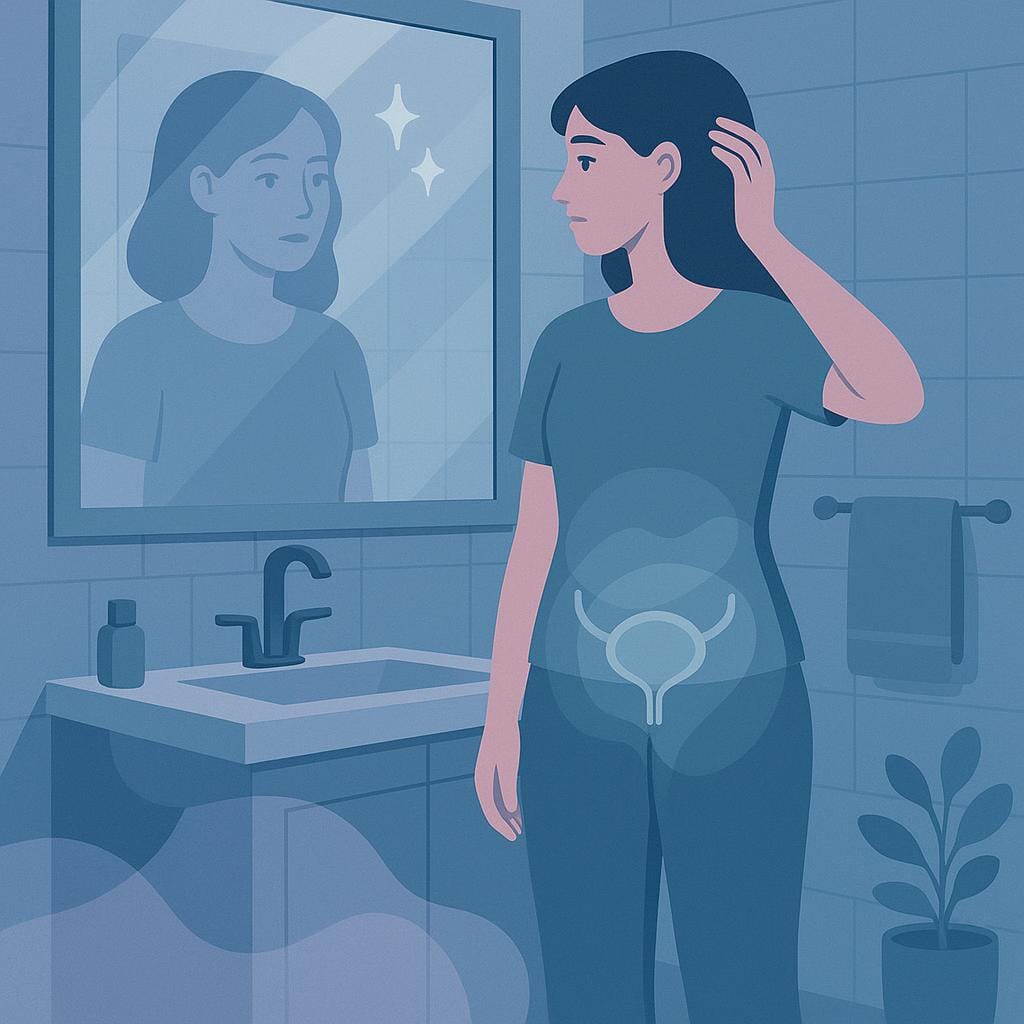 Flat vector illustration of a woman in a modern bathroom thoughtfully looking at her reflection, with abstract overlays lightly highlighting the bladder area in gentle blue and purple tones.